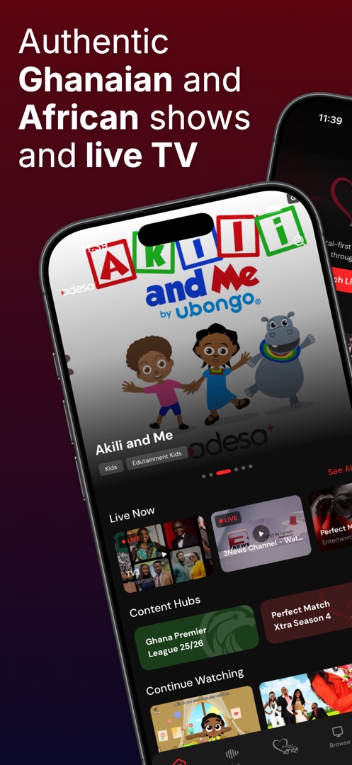 The adesa+ app showing programmes, live channels and content hubs