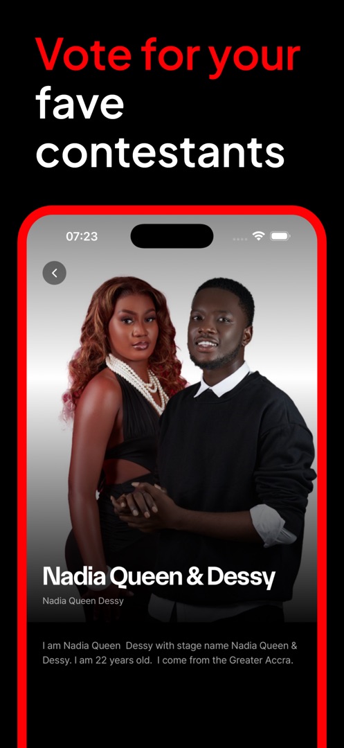 The MG Reality app showing contestant voting